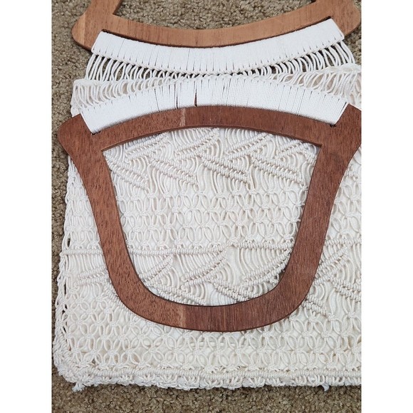 Vintage Macrame Crochet Hand Bag with Wooden Handle Cream Beachy Boho Lined - Picture 7 of 12
